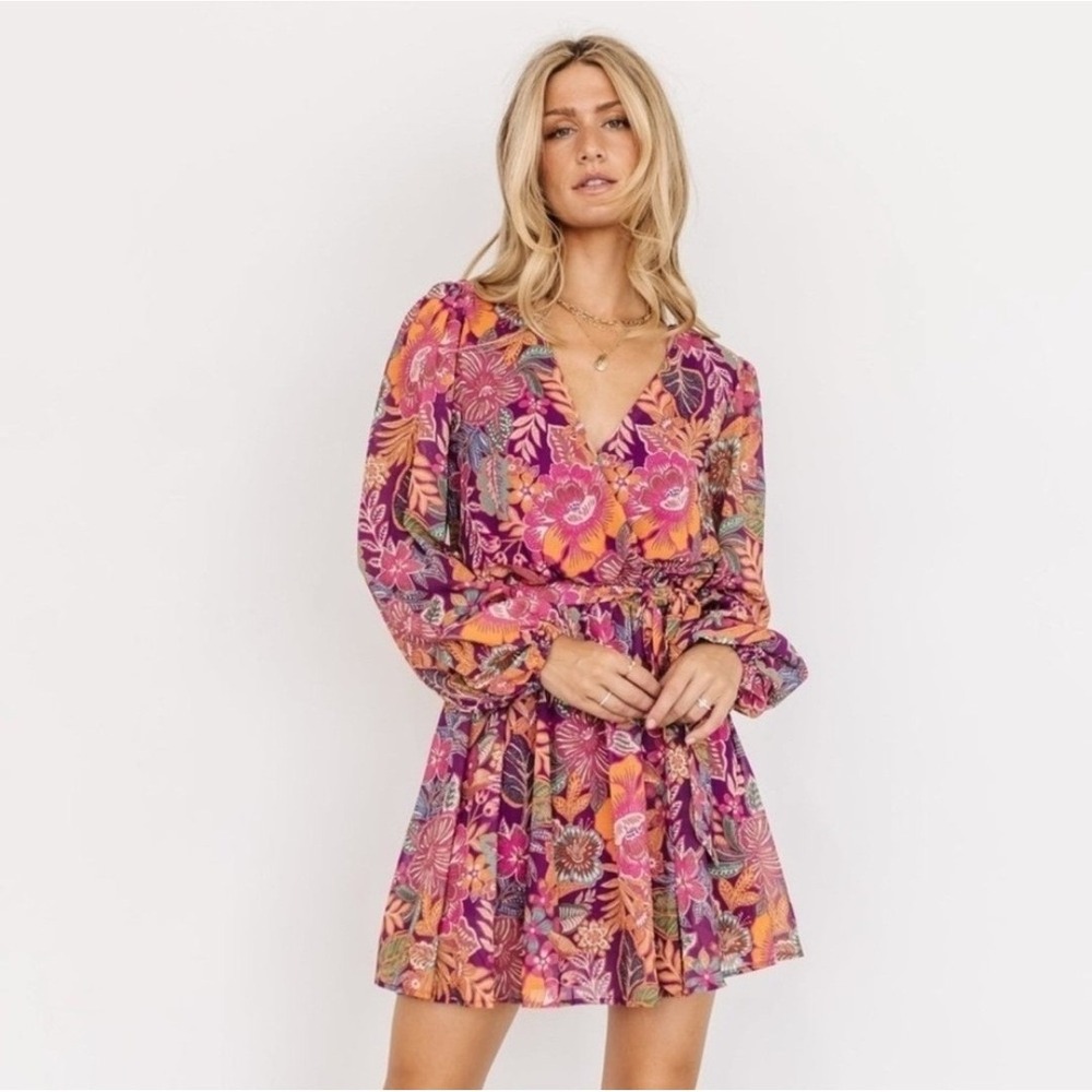 Baltic Born Dress M Newark Floral Mini Purple Multicolor Lined Retro Party‎ Boho